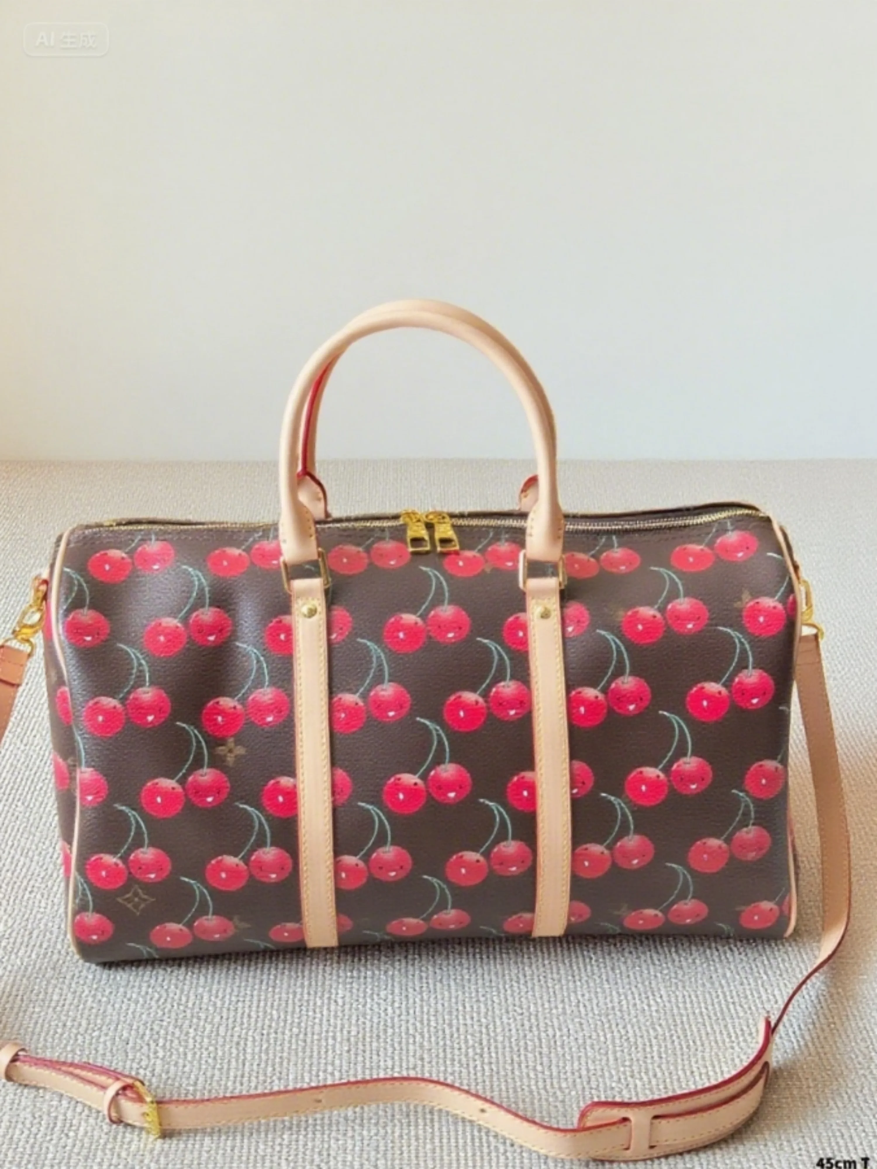 

Women New Travel Bag Fitness Bag Sports Bag Large Capacity Fashion Eith Cherry Print Classic Simple Cowhine Travel Bag 2025 45cm