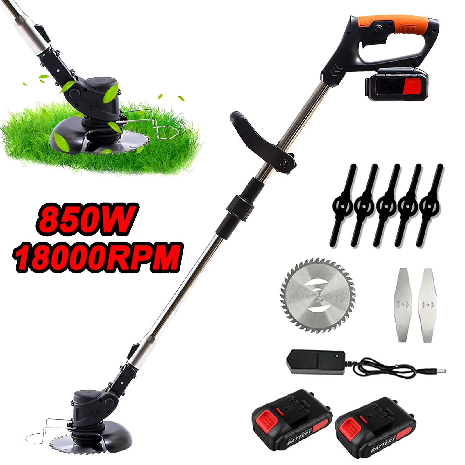 850W 21V Electric Lawn Mower 18000RPM Cordless Grass Trimmer Length Adjustable Cutter Garden Tools For Makita With 2 Battery