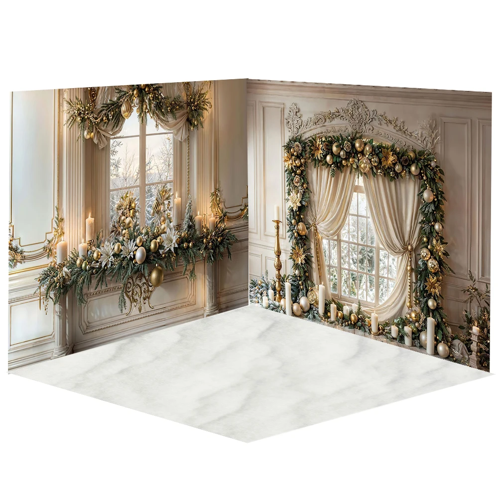 3D Christmas Background Photography Studio Vintage Beige Room Window Candle Wreath Backdrop Decor Family Kids Winter Xmas Photo