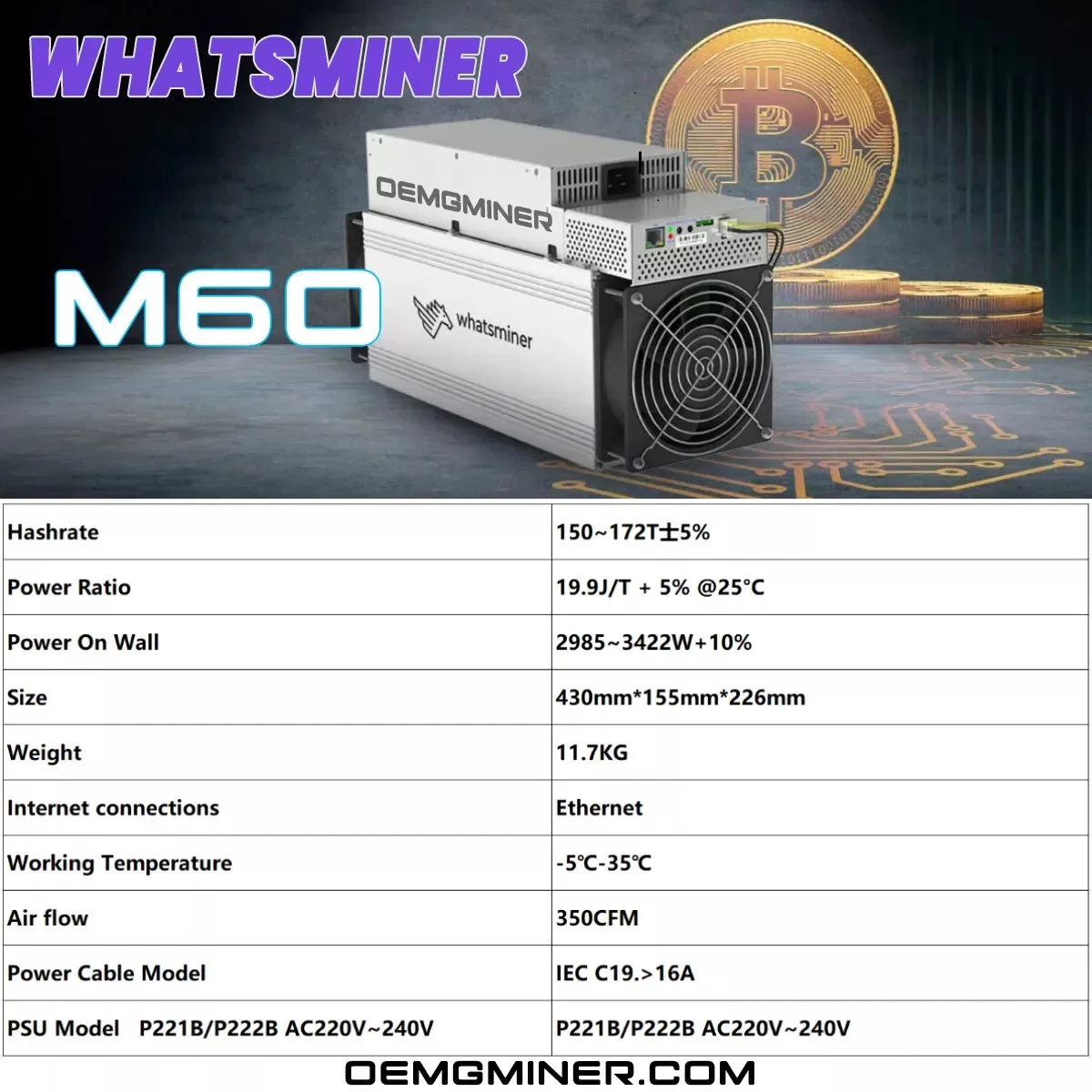 Whatsminer M60 168T 3343W ASIC Miner BTC Bitcoin Miner incluye PSU, compre 5 y obtenga 3 RFREE, nuevo