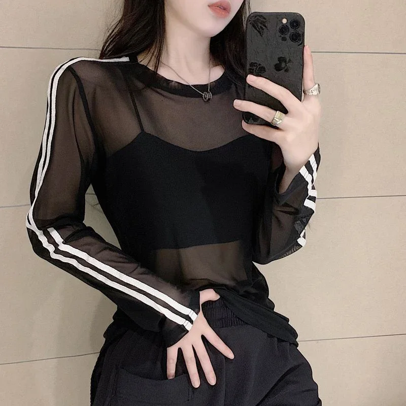 Y2K Sheer Sun-Proof Shirts Women Striped Long Sleeve T Shirts Streetwear See Through Mesh Blouses Korean Sun Protection Tops New — zdjęcie 2