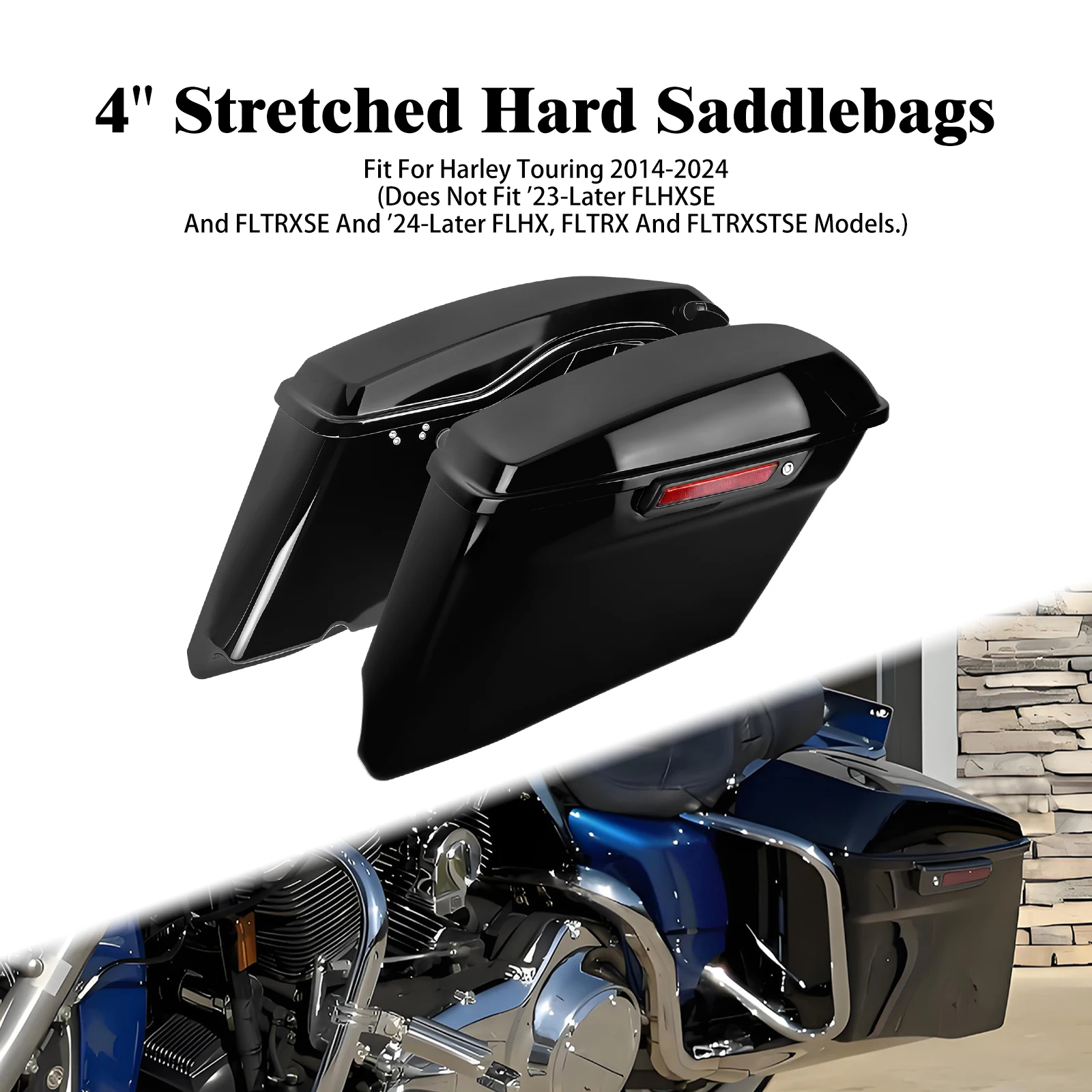 

Motorcycle Large Capacity 4" Stretched Hard Saddlebags For Harley Touring Street Road Glide 2014-2024 Black Fast Shipping