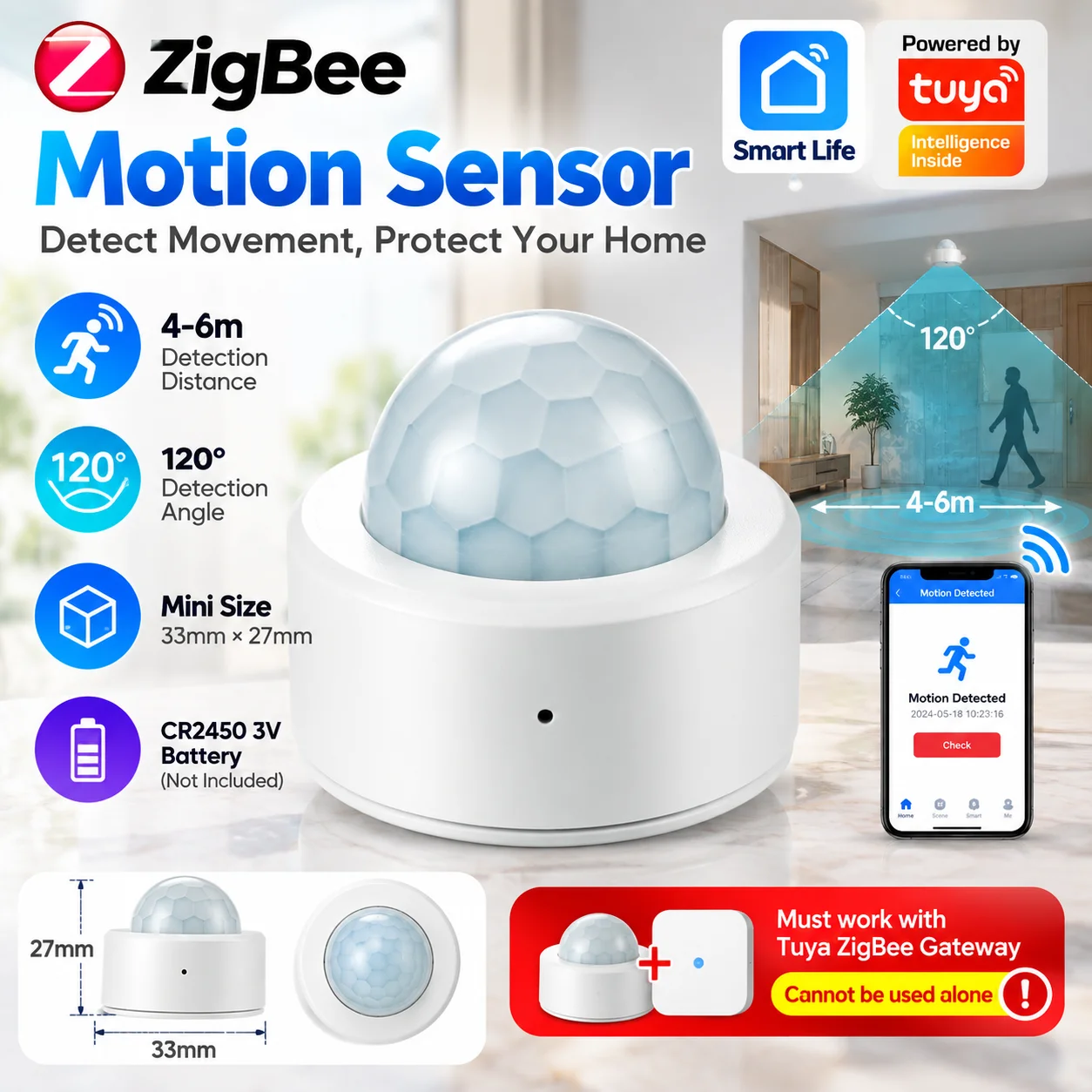 Zigbee Human Motion Sensor Smart Home PIR Motion Sensor Detector Security Smart Life Works With Tuya Alexa Google Home gateway