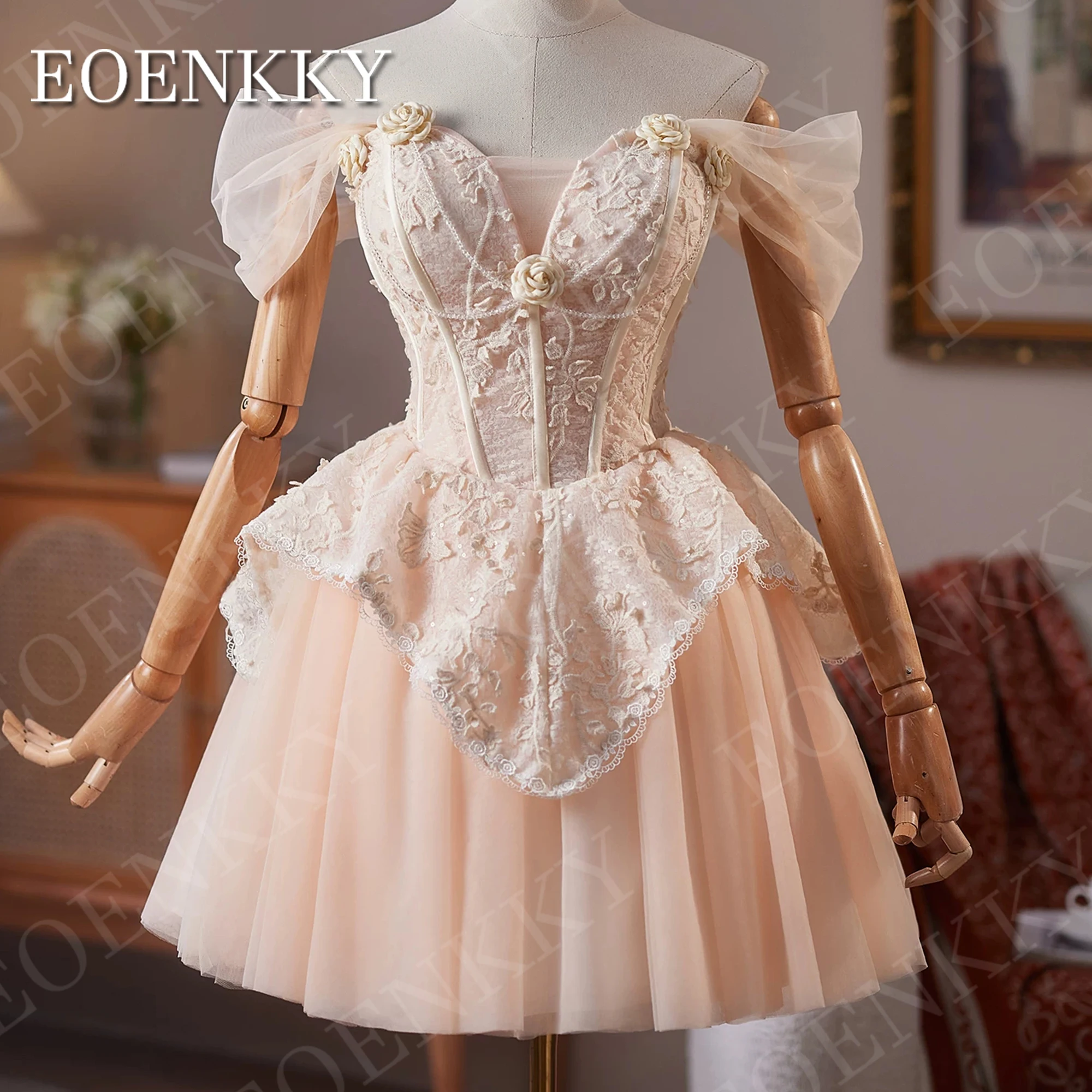 EOENKKY A Line Mini Prom Dress Luxury Off Shoulder Tulle Lace Sweetheart Cocktail Dresses Short Customized платье на выпускной