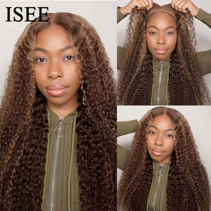 ISEE HAIR Wear And Go Glueless Wig 4/27 Highlights Brazilian Kinky Curly 6x4 HD Lace 100% Glueless Wig Human Hair Ready To Wear