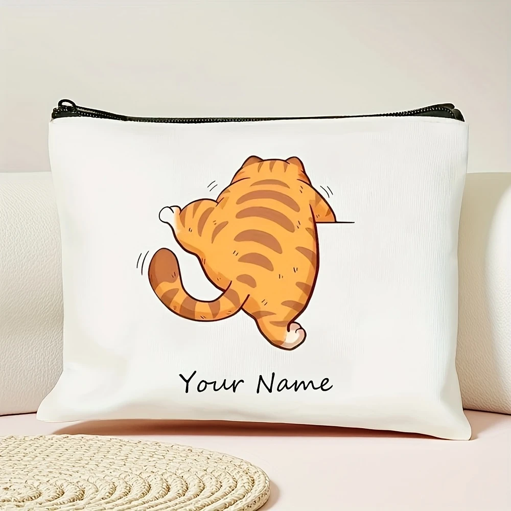 Personalized Orange Cat Cosmetic Bag Custom Name Light Foldable Machine Washable Buckle Travel Daily Handbag