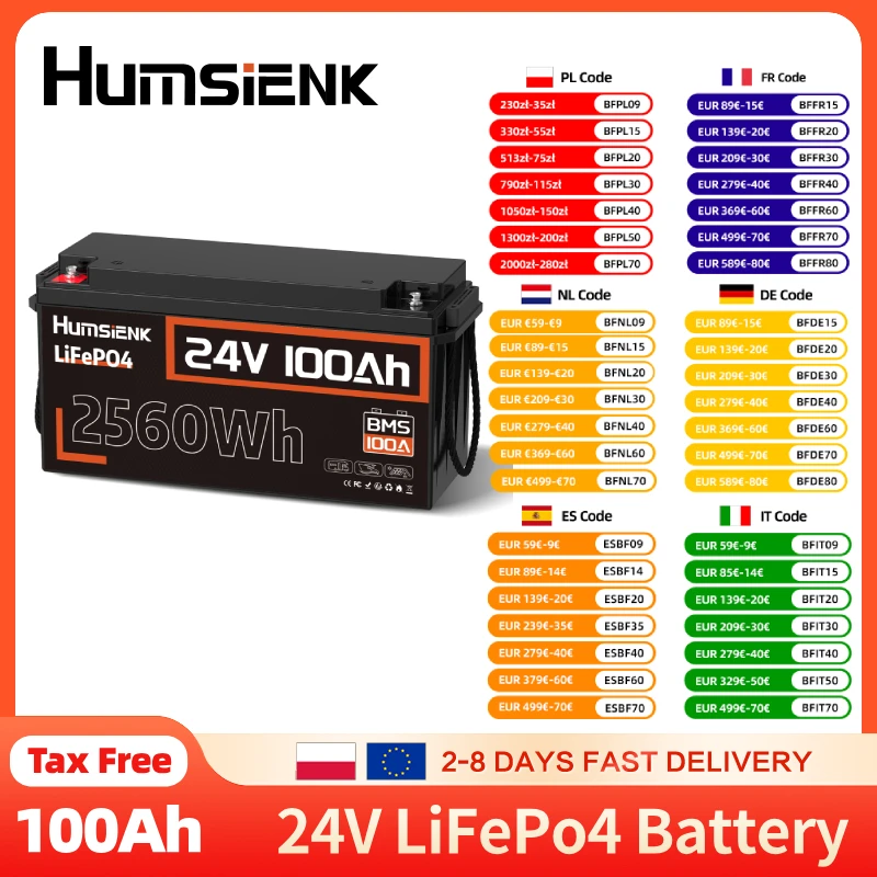 Batterie Humsienk LiFePO4 24 V 100 Ah avec 100 A BMS 2560 W jusqu'à 15 000 cycles pour camping-car, camping-car, solaire, marine, hors réseau, garantie de 5 ans