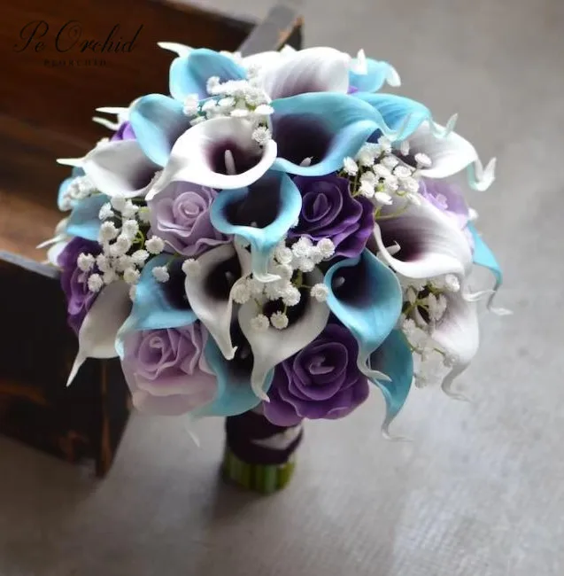 PEORCHID-Beau bouquet de fleurs de patients bleus et violets, toucher de portée artificielle, poubelle en PU, calla CAN ies, bouquet à la main personnalisé pour mariage