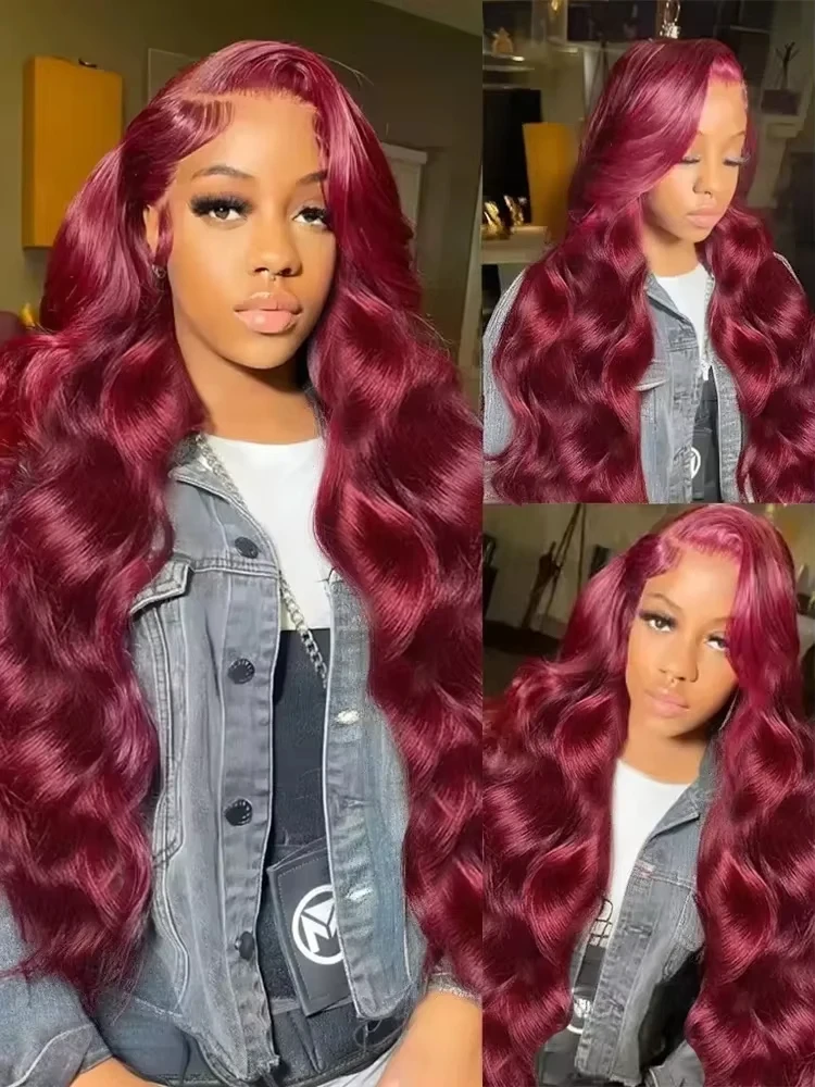 Wig Rambut Asli Burgundy 34 Inci 99J dengan Lace Front, Pre Plucked 13x6 HD Transparan, Model Body Wave