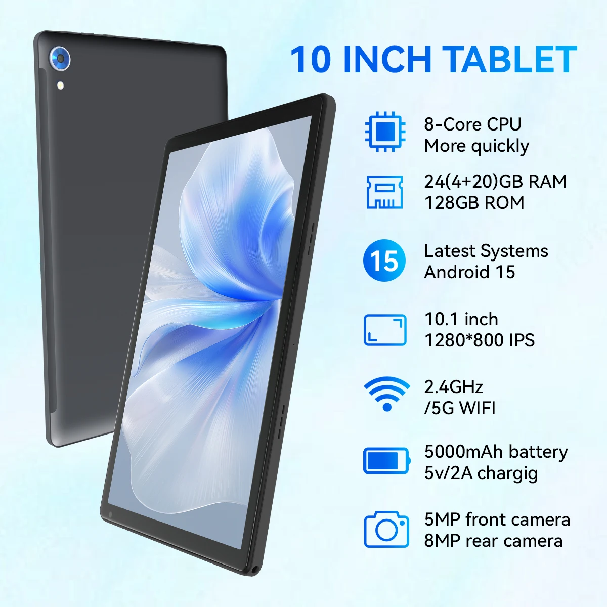 แท็บเล็ต AEEZO ขนาด 10 นิ้ว รุ่นล่าสุด ระบบปฏิบัติการ Android 15 ชิปประมวลผล Octa Core หน่วยความจำ 24GB+128GB/รองรับการเพิ่มความจุ 1TB หน้าจอสัมผัส IPS HD ความละเอียด 1280x800 รองรับ Widevine L1 และ Google Play