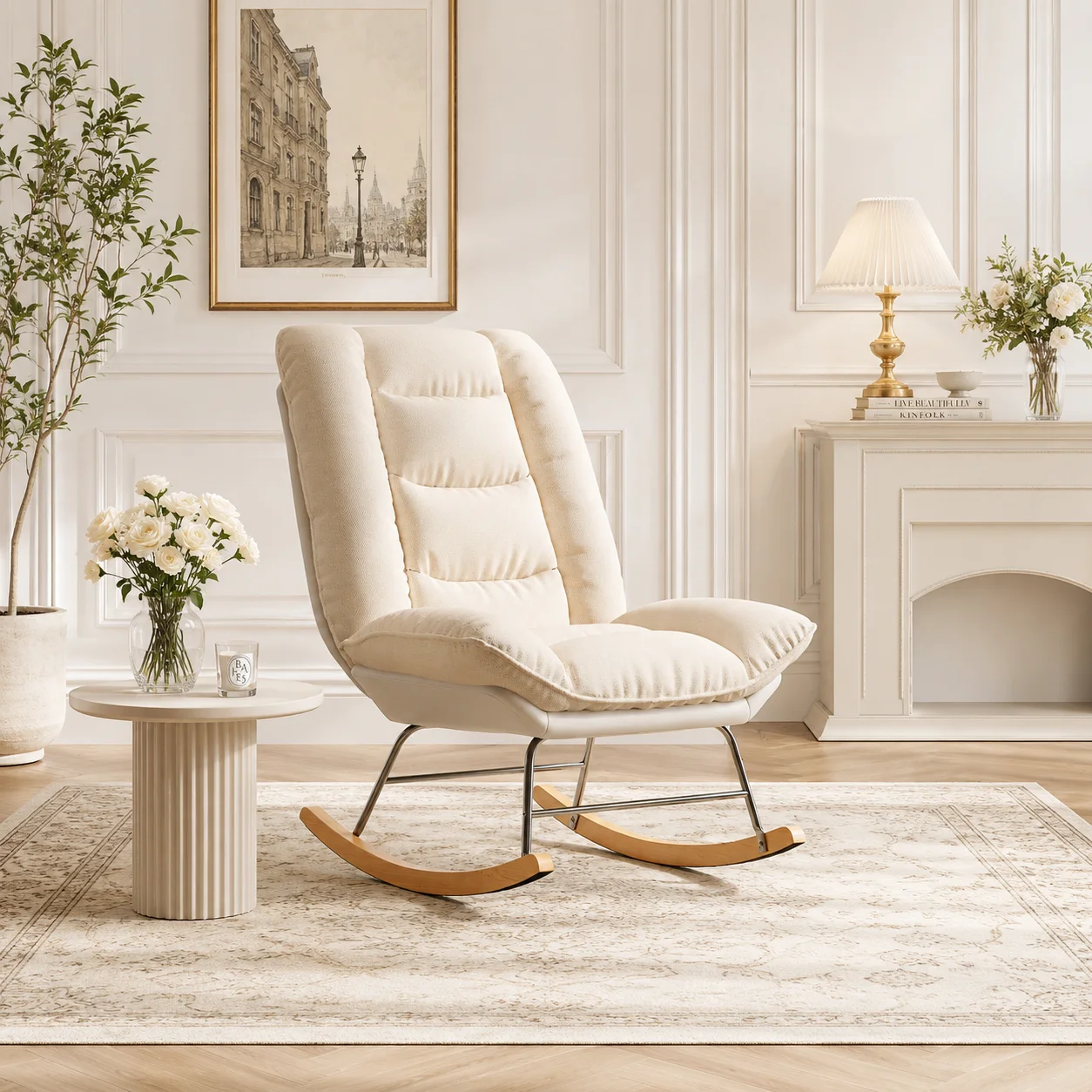 Fauteuil à bascule relax, dossier réglable 12 positions, fauteuil lounge avec accoudoirs, chaise berçante pour salon chambre balcon chambre bébé, charge 110 kg, beige gris, confortable stable moderne doux durable maiso