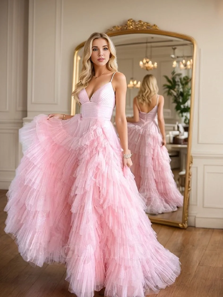 

Blush Pink Elegant Tiered Tulle Prom Party Dress 2024 Long Sleeveless Spaghetti Strap Tulle Evening Gown Formal Occasion Dresses