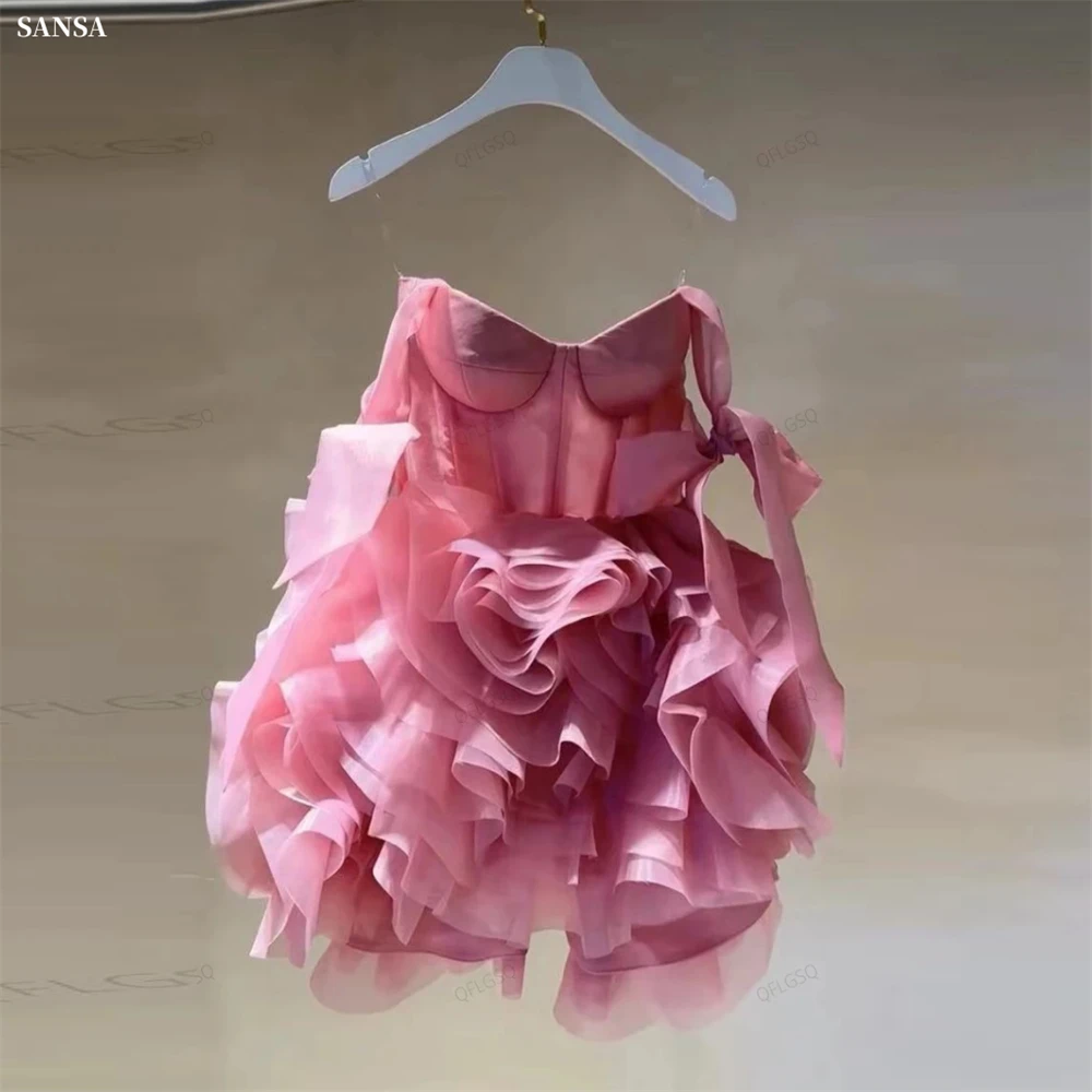 

Sansa Customized Pink A-Line Bow Straps 3D Flower Prom Dress Ruffle Tulle Sleeveless Vestidos De Noche Mini Formal Evening 2026