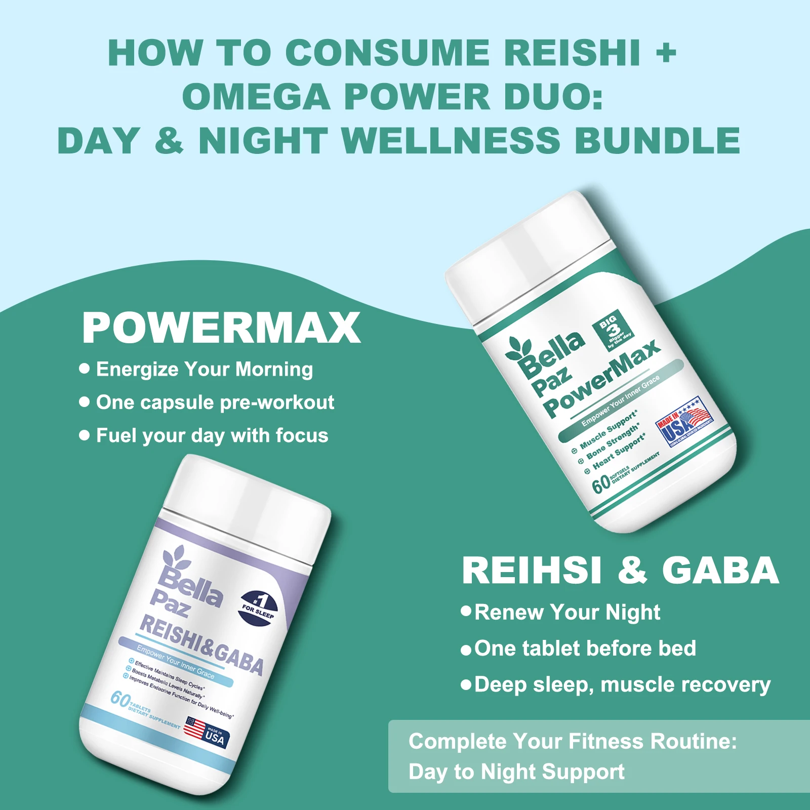 Bellapaz Reishi + Omega Power Duo: 24/7 Wellness para recuperación de energía diurna y nocturna (2 botellas)