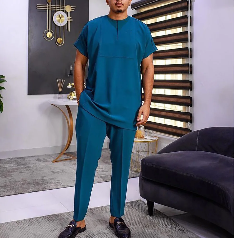 Abiti eleganti tradizionali da uomo africani estivi Outfit Dashiki 2 pezzi camicia e pantaloni Set completo di vestiti firmati Costume di marca Abaya