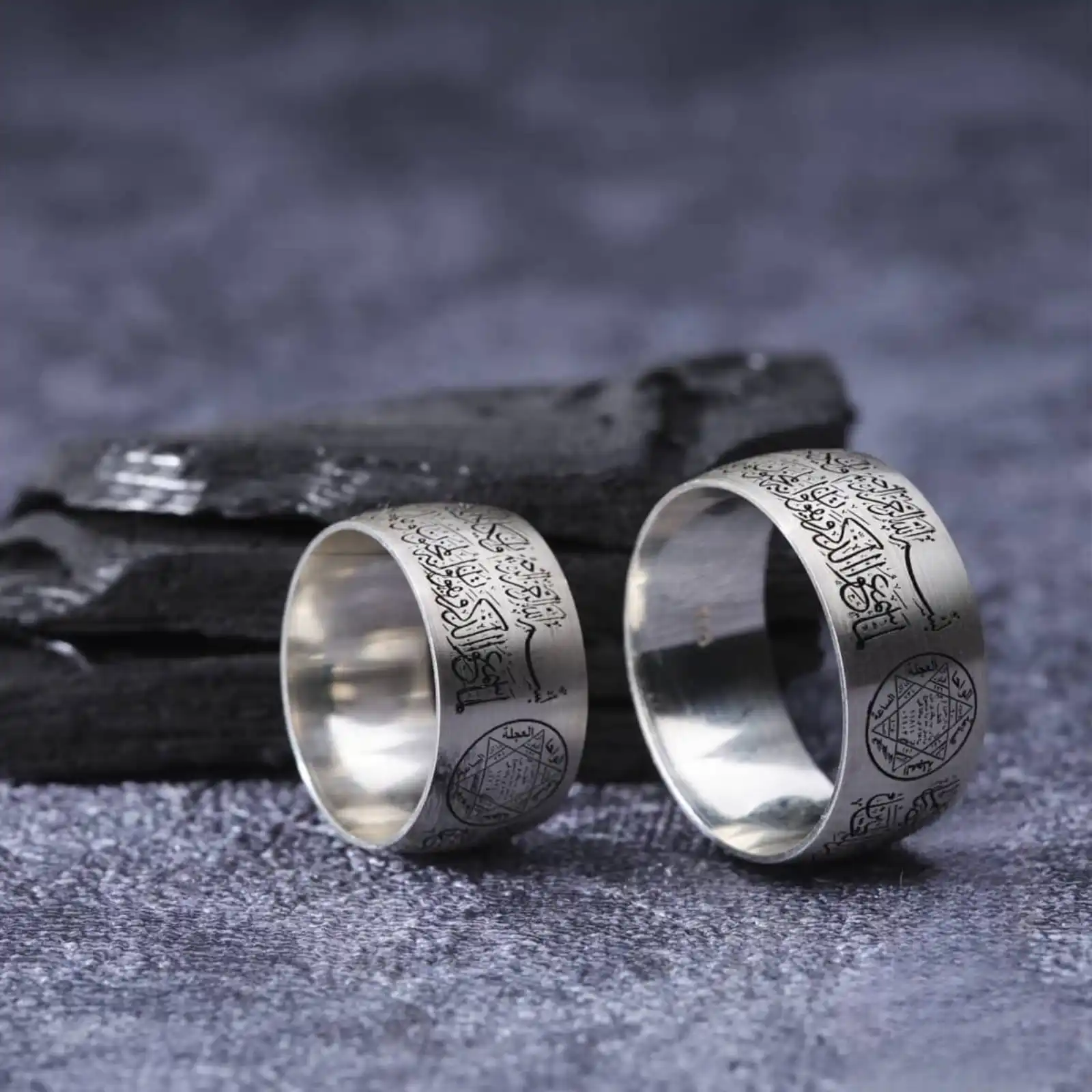 

Wedding Engagement Silver Men's and Women's Wedding Rings, Evil Eye Verse and Solomon's Seal Engraved Wedding Ring