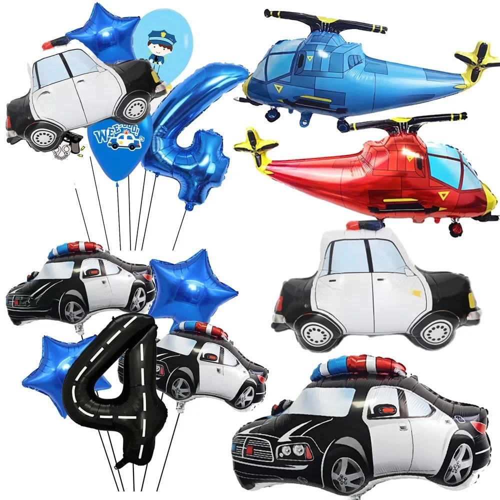1 ensemble de ballons d'anniversaire pour voiture de Police, bleu numéro 4 5 6, ballon en aluminium pour fête de Police, décoration d'anniversaire pour garçons