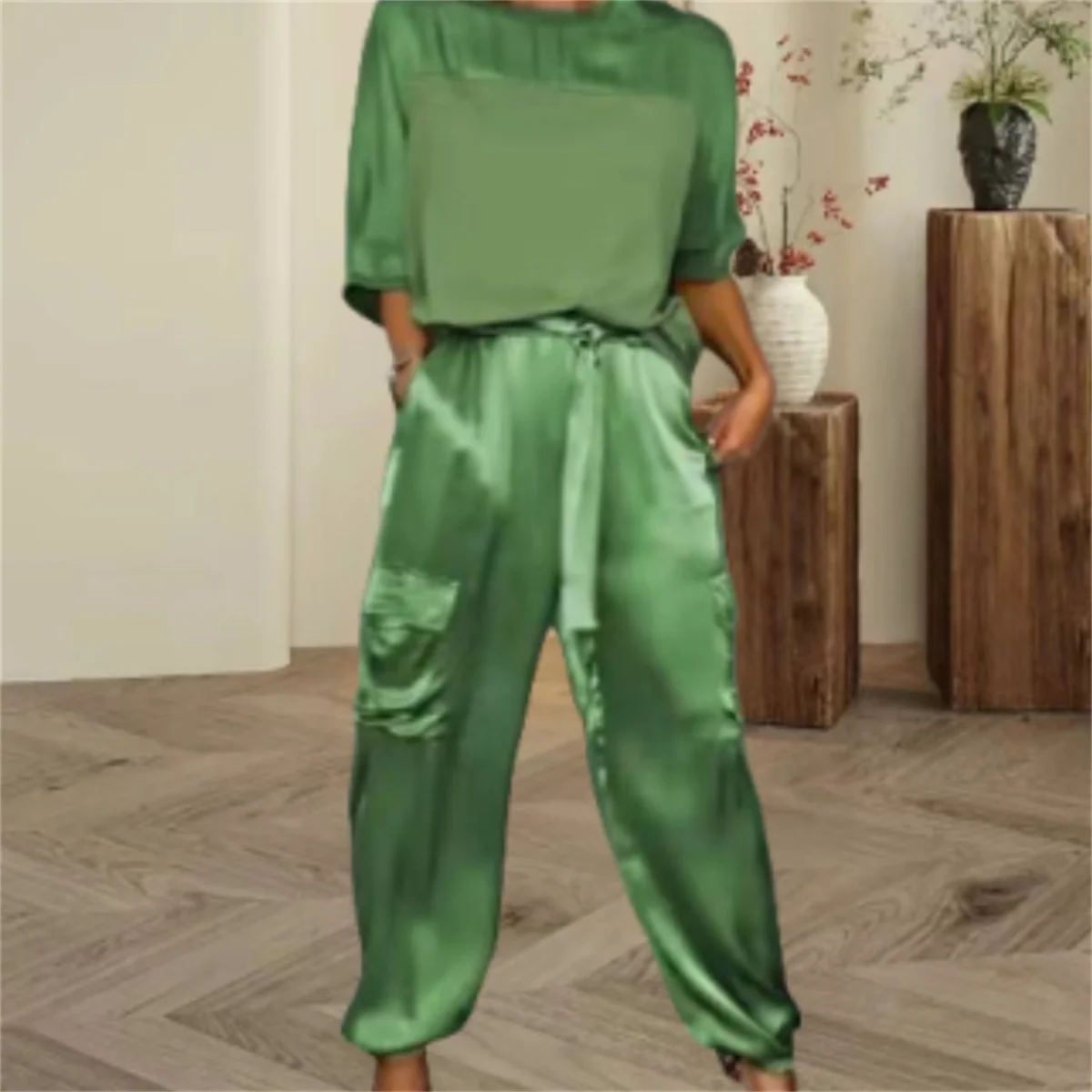 Spring Summer Fashion Solid Color Satin Two Piece Set Women Round Neck Long sleeved Top Long Pants Casual Loose Two Piece Set