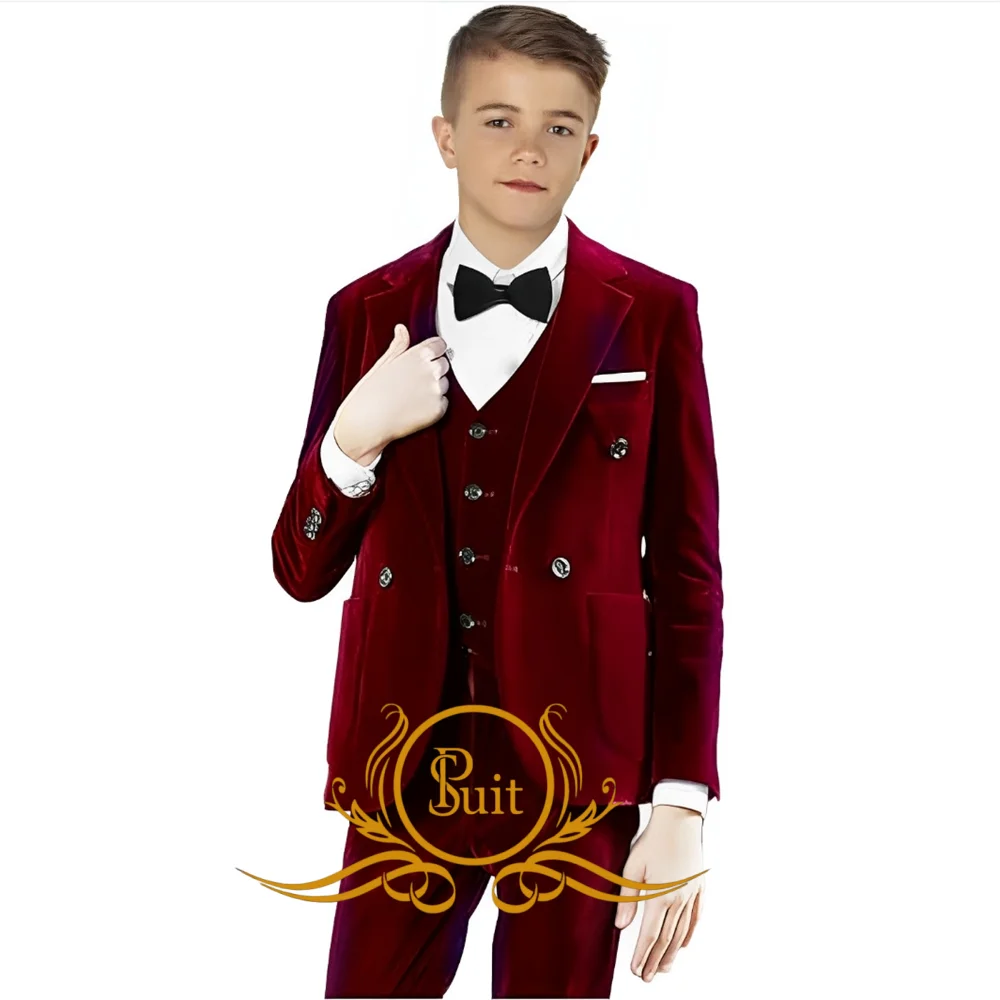 Formeel jongens fluwelen 3-delig pak reverskraag bruiloft smoking hoogwaardige slim fit blazer vest broek voor kinderen