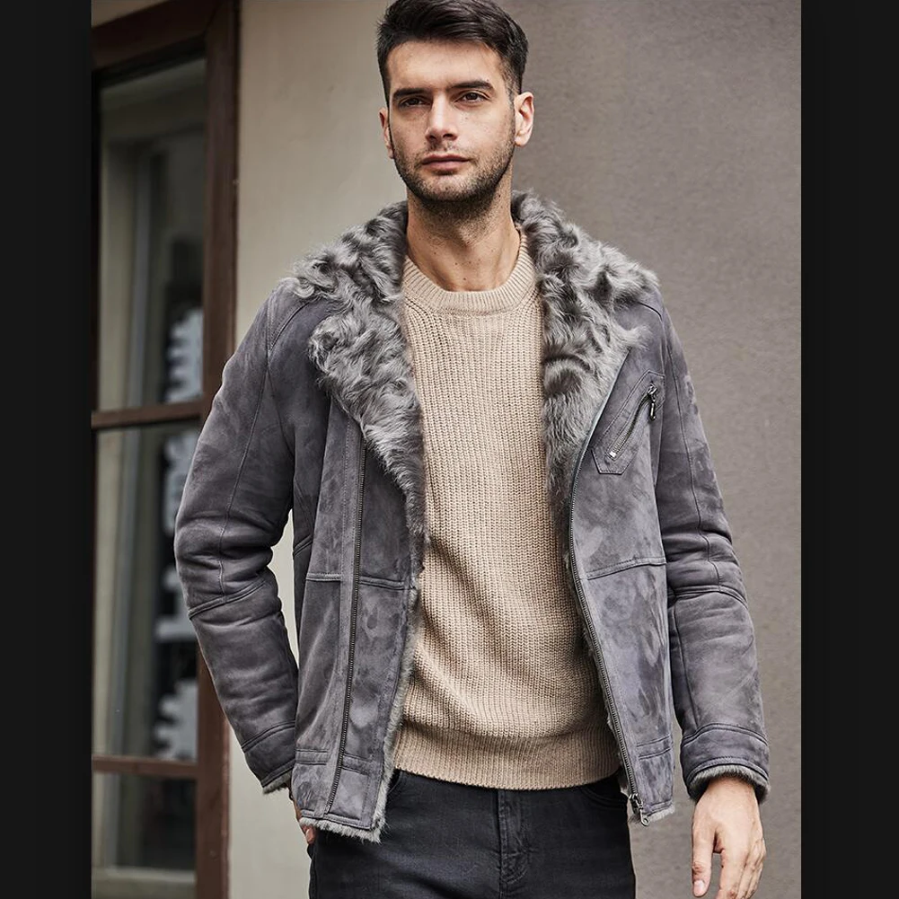 Denny&Dora Mens Short Shearling Jacket Shearling Grey Jacket Lapel Collar Winter Warm Sheepskin Jacket