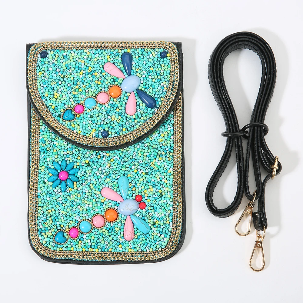 

dragonfly Vintage Floral Gemstone Phone Pouch Ethnic Statement Wallet for Women embroidered bohemian bag