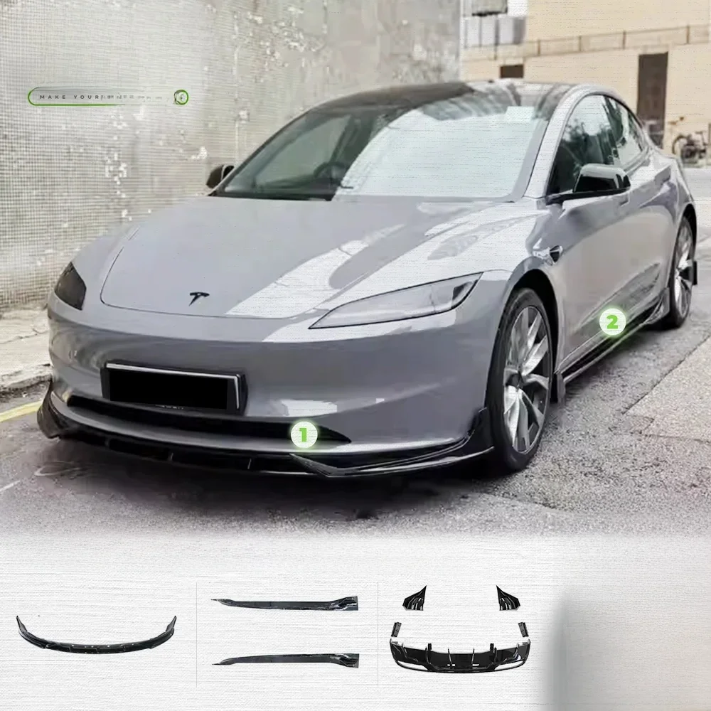 Zestawy karoserii Fast Aero do Tesla Model 3 Highland 2024, tylny dyfuzor, spojler, przedni zderzak, warga, boczna spódnica, błyszcząca czerń tuning — zdjęcie 2