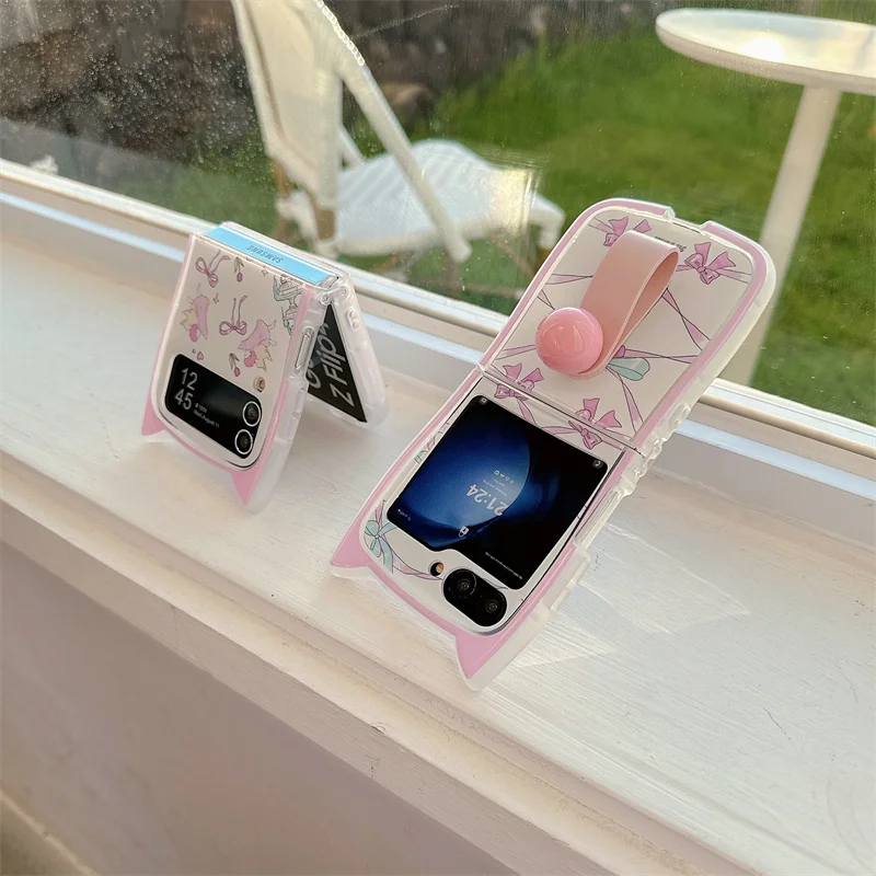 

Cute Cat ears Ballet Bow Angel phone case for Samsung Galaxy Z Flip 5, 6 z folding Z Flip 4 zflip 3 Clamshell Korean Ring buckle