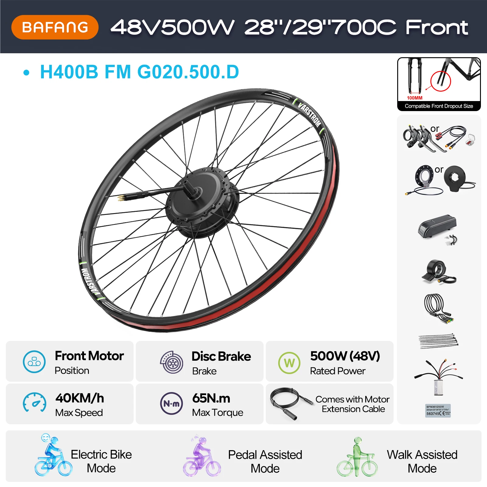Complete Bafang 48V 500W achter vooraandrijving wielnaafmotor G020 schijfrem 8fun H400B eBike kits 26" 27.5 28 29 inch 700C E-Bike wielmotor elektrische fiets ombouwset conversiekit met de DZ40 EKD01