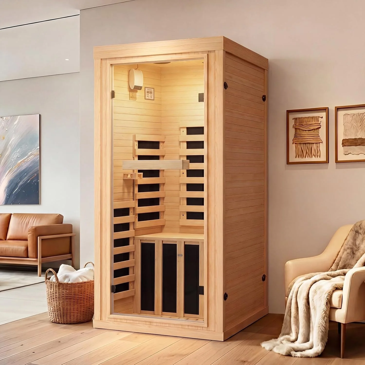 Nordivale 1-2 Person Far Infrared Sauna Room Canadian Hemlock Indoor Dry Spa Low EMF Full Glass Door Bluetooth Speaker Control Panel 32x32x66