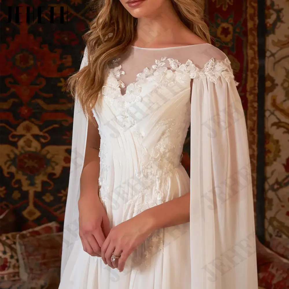 JEHETH Boho Chiffon O-Neck Wedding Dresses Appliques A-Line Backless Bride Gowns Sleeveless 2024 vestidos femenino Custom Made