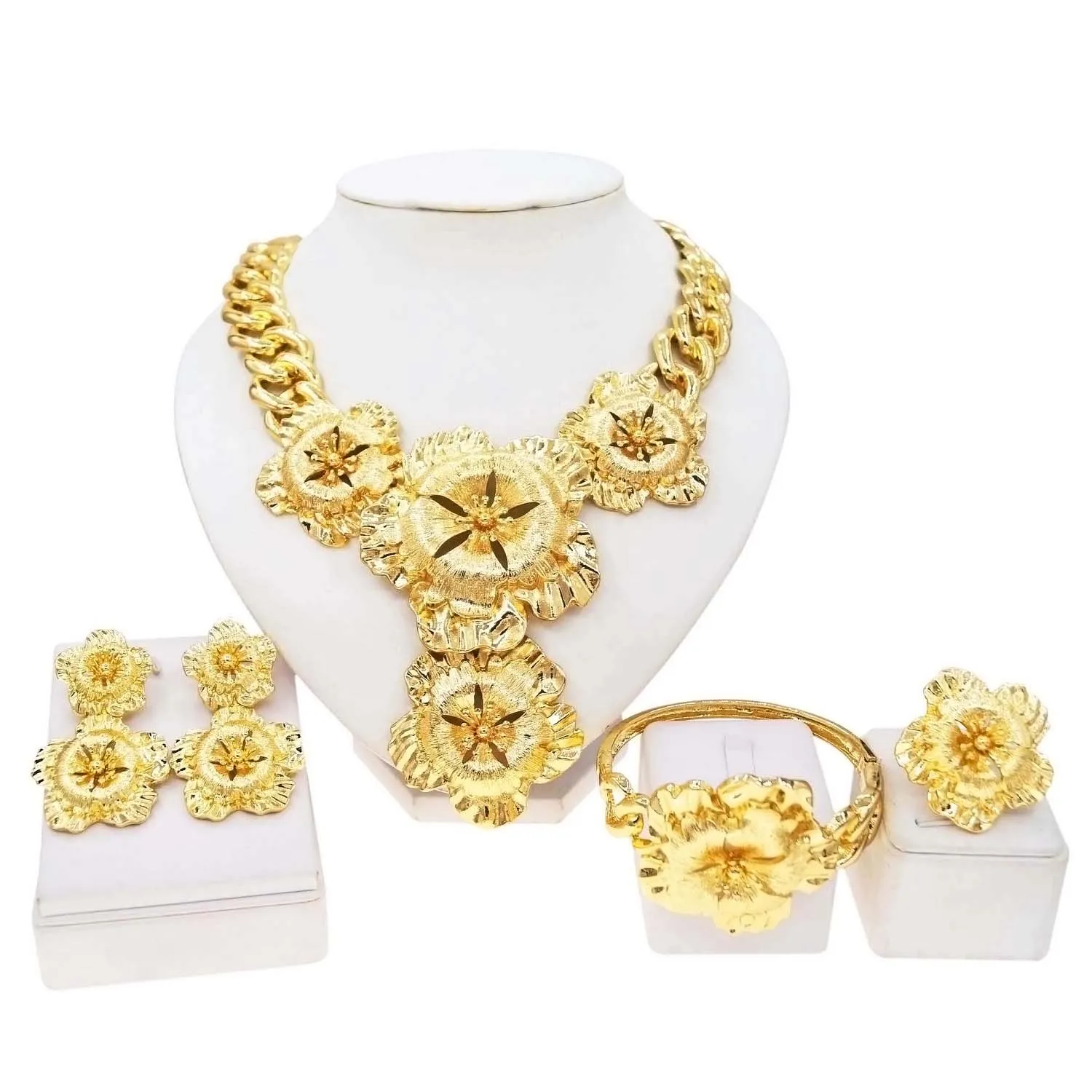 Necklace For Women Fashion New Cuban Chain Necklace Gold Flower Pendant Luxury Wedding Bijoux Gold Plated Earrings Ring SYHOL