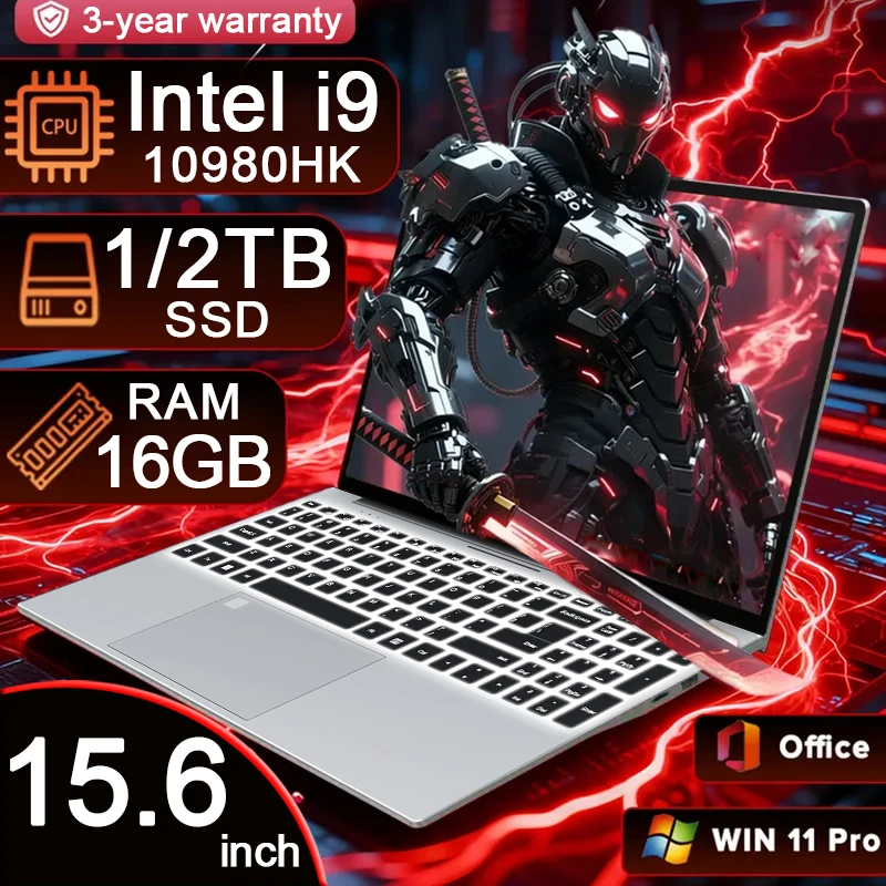 Portátil para juegos de 15.6'' con Intel Core i9 10980HK, Windows 11, 16GB de RAM, SSD de 1TB/2TB, desbloqueo por huella dactilar, teclado retroiluminado, para oficina.