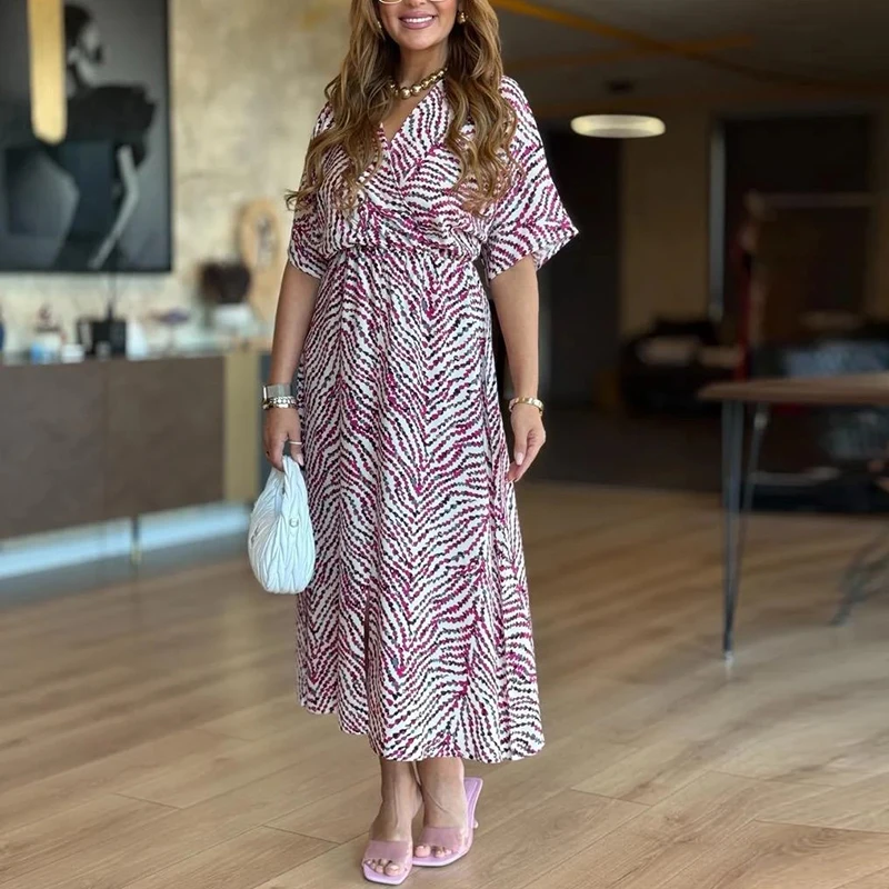 Abito estivo da donna con stampa Moda scollo a V Manica corta Vita alta Abiti da festa larghi per le donne Abito da vacanza al mare Boho Robe