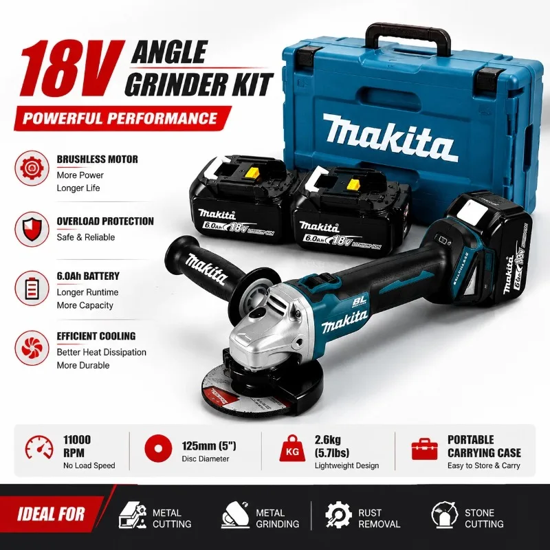 Bürstenloser Elektrischer Winkelschleifer für Schwere Schnitte und Polierarbeiten Makita DGA404 125mm, 18V Lithium-Akku-Schleifer, 18V 6Ah Batterie