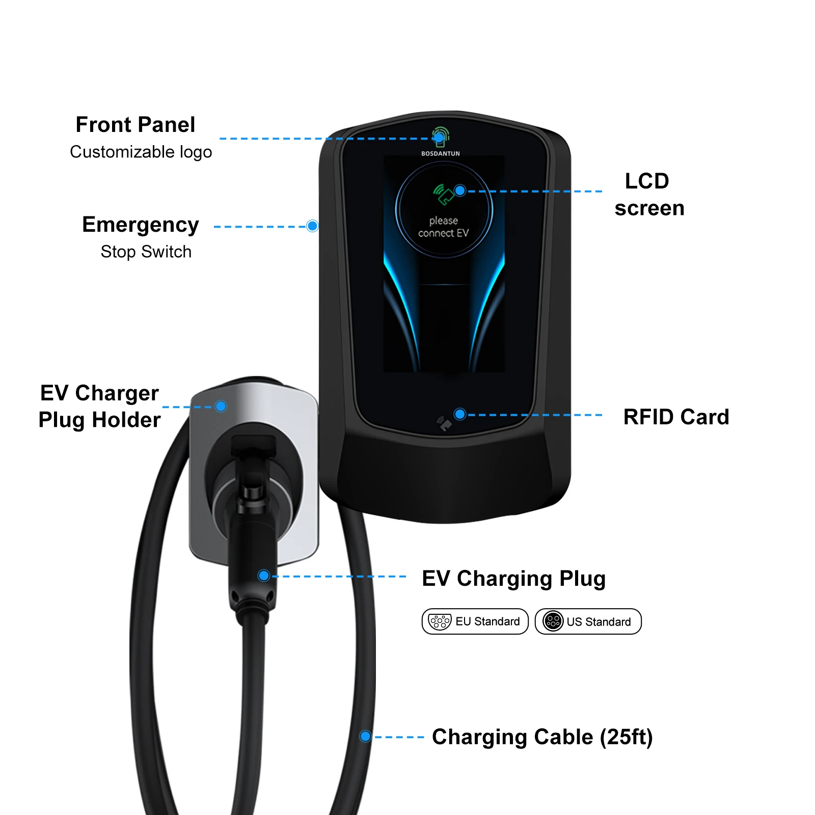 BOSDANTUN-cargador EV de arranque LCD de 7 pulgadas, estación de carga doméstica tipo 2, tipo 1, cable de 25 pies, wallbox, cargador ev para