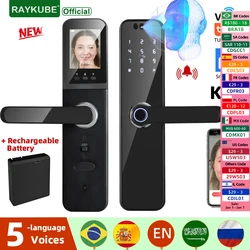 RAYKUBE K12 투야 와이파이 카메라 전자 잠금 장치, 3D 얼굴 인식 지문 스마트 문짝 잠금, 화면 충전식 배터리 포함