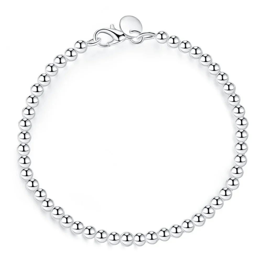 Fine Jewelry 925 Sterling Silver 4mm Okrągła kula Gładkie koraliki Bransoletka dla kobiet Dziewczyny Miłośnik Najlepszy prezent — zdjęcie 2