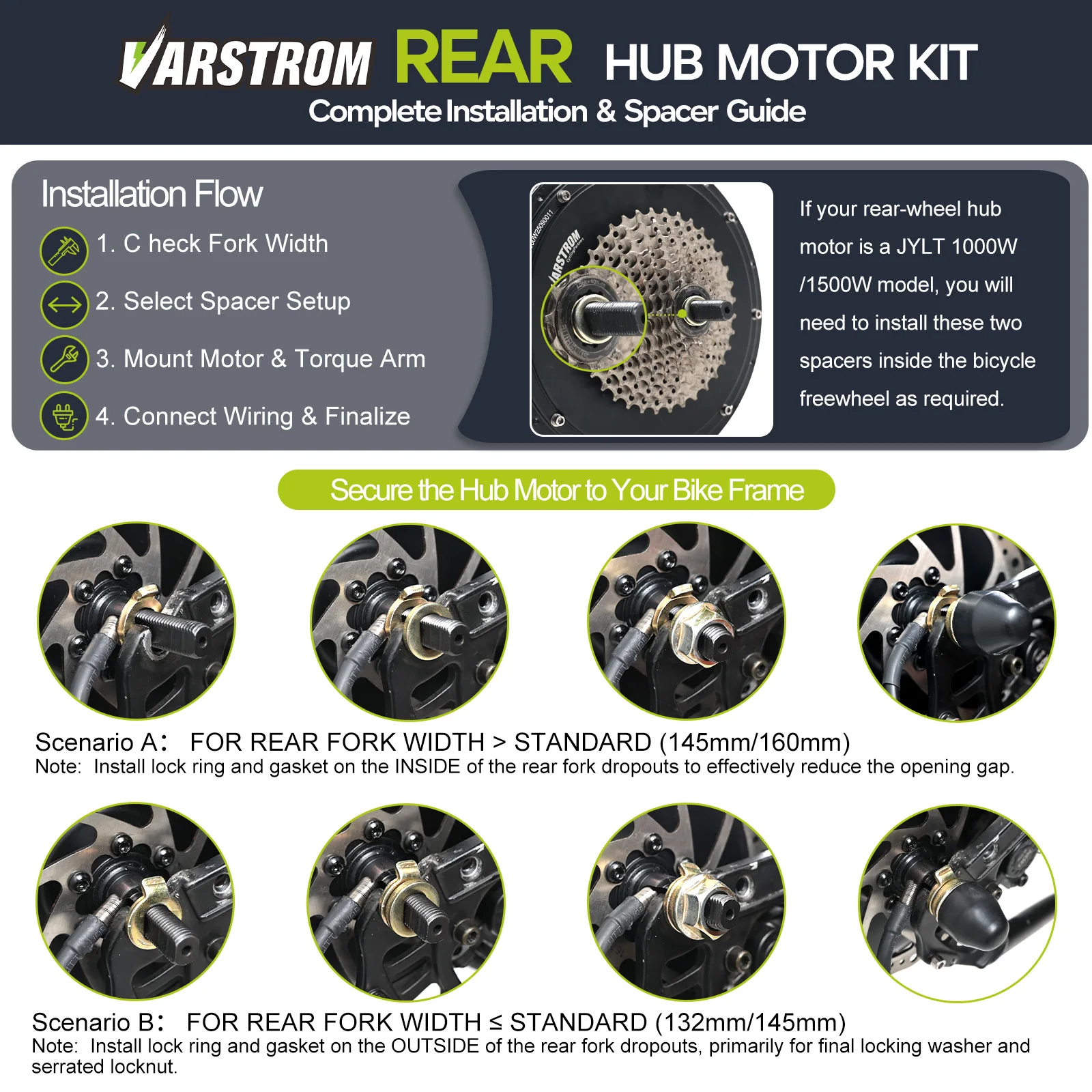 Varstrom JYLT 48V 1000W 1500W Vorder- und Hinterrad-Nabenmotor E-Bike Umbausatz 26"/27.5"/28"/29"/700C Laufradgröße optional E-Bike Motor für Scheibenbremse EMT Mountainbike eCity Rennrad. – Detail 13
