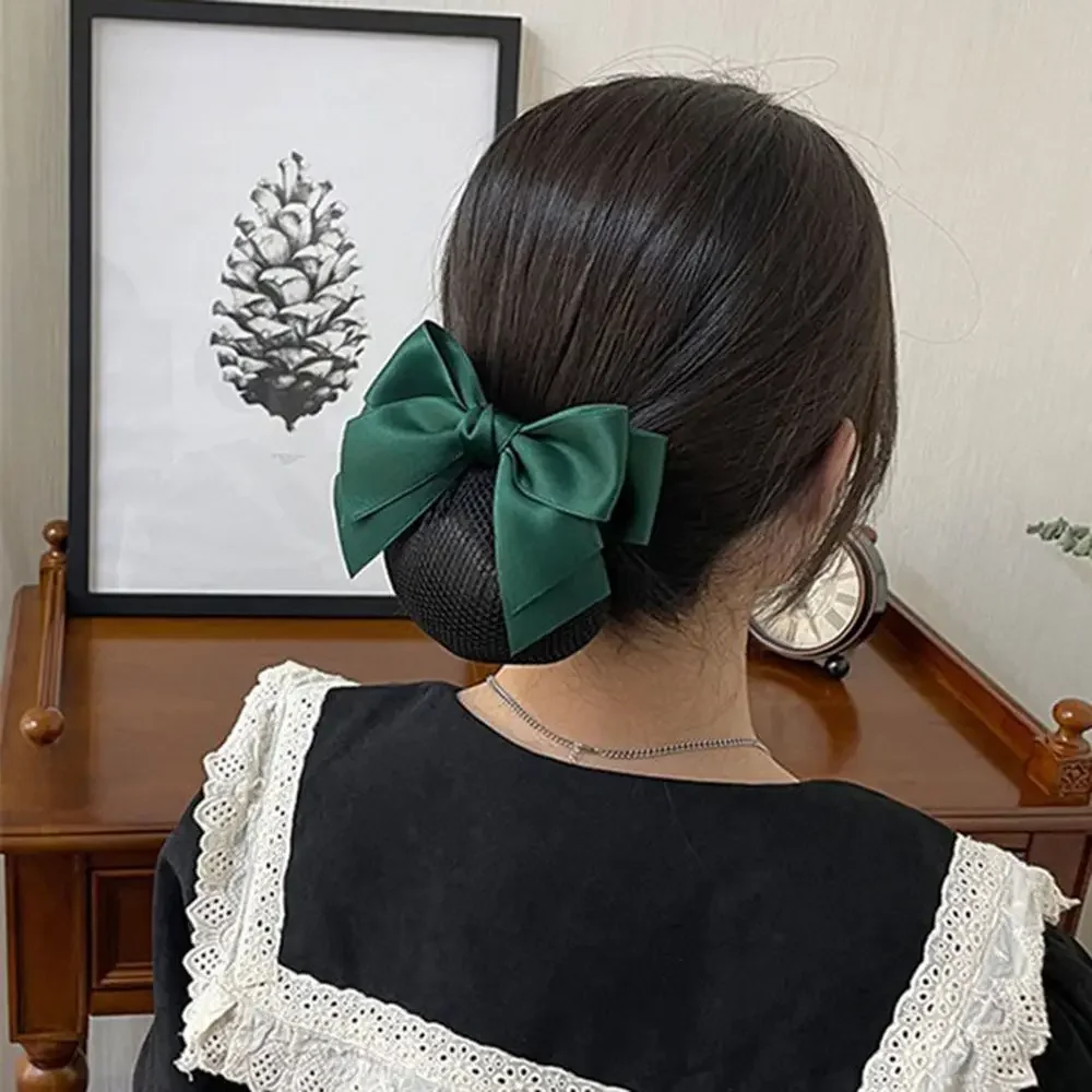 Koreańska satynowa kokardka spinka do włosów z siateczkowym kokem wstążka do włosów nakrycia głowy akcesoria do włosów Bowknot Snood damskie spinki do włosów — zdjęcie 2