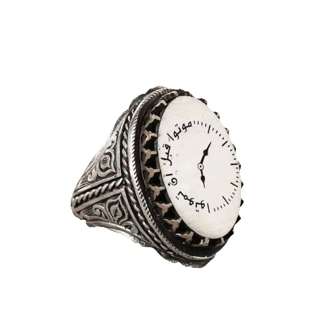 

Clock Drawing Die Before You Die Islamic Silver Oval Ring with Arabic Writing, Special Ring to Remind Death and the Afterlife