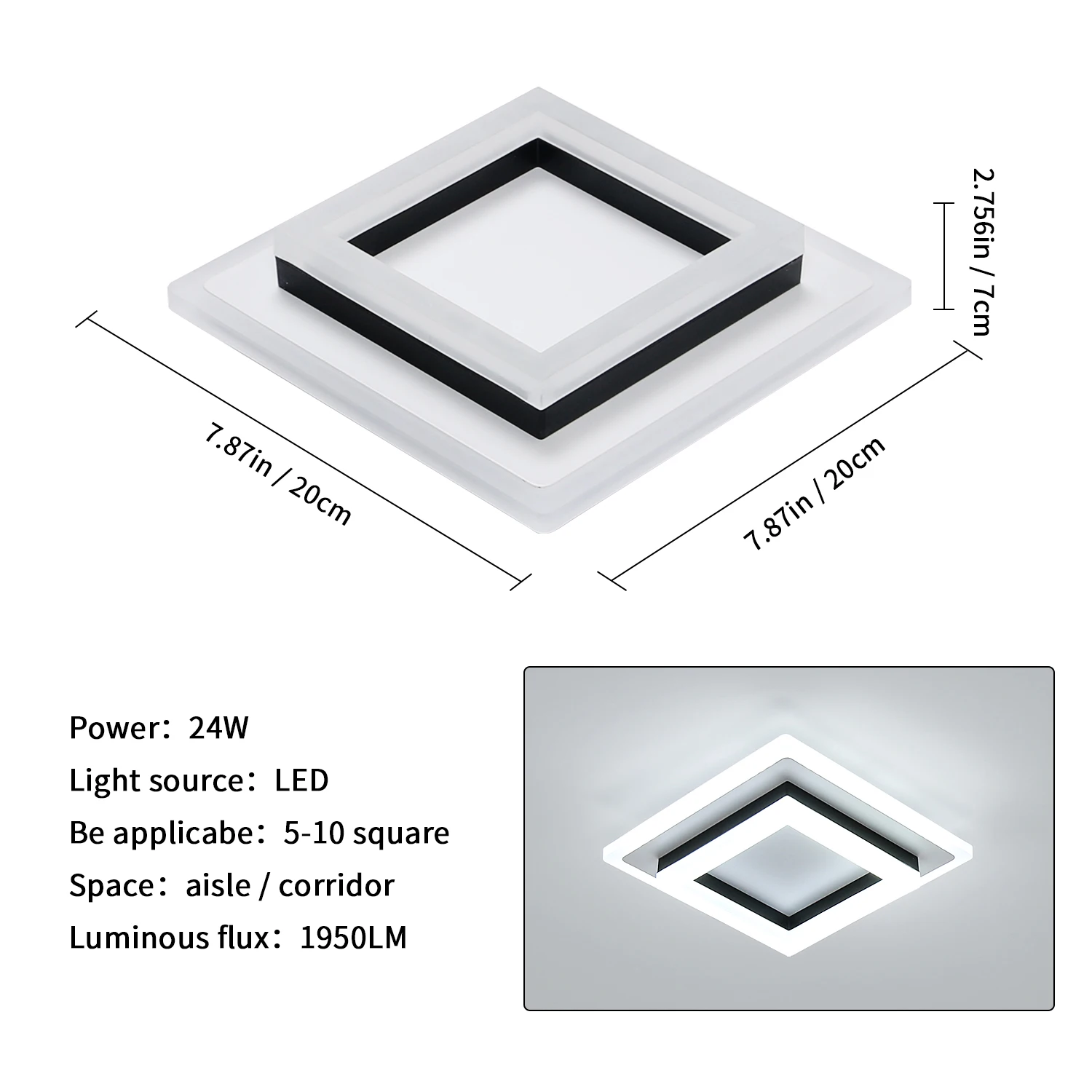 Vierkante LED-plafondlamp, Ra80 hoge helderheid 6500K koud wit acryl paneellamp moderne binnenplafondlamp huisverlichtingsarmatuur voor slaapkamer eetkamer gang gang woonkamer