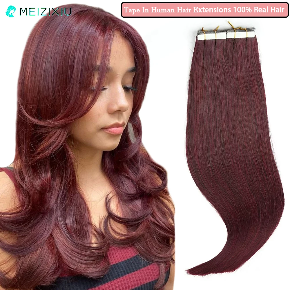 20pcs 99J# Tape In Hair Extensions 100% Remy Real Hair Straight Seamless Tape In Human Hair Extensions For Women 24Inch Burgundy