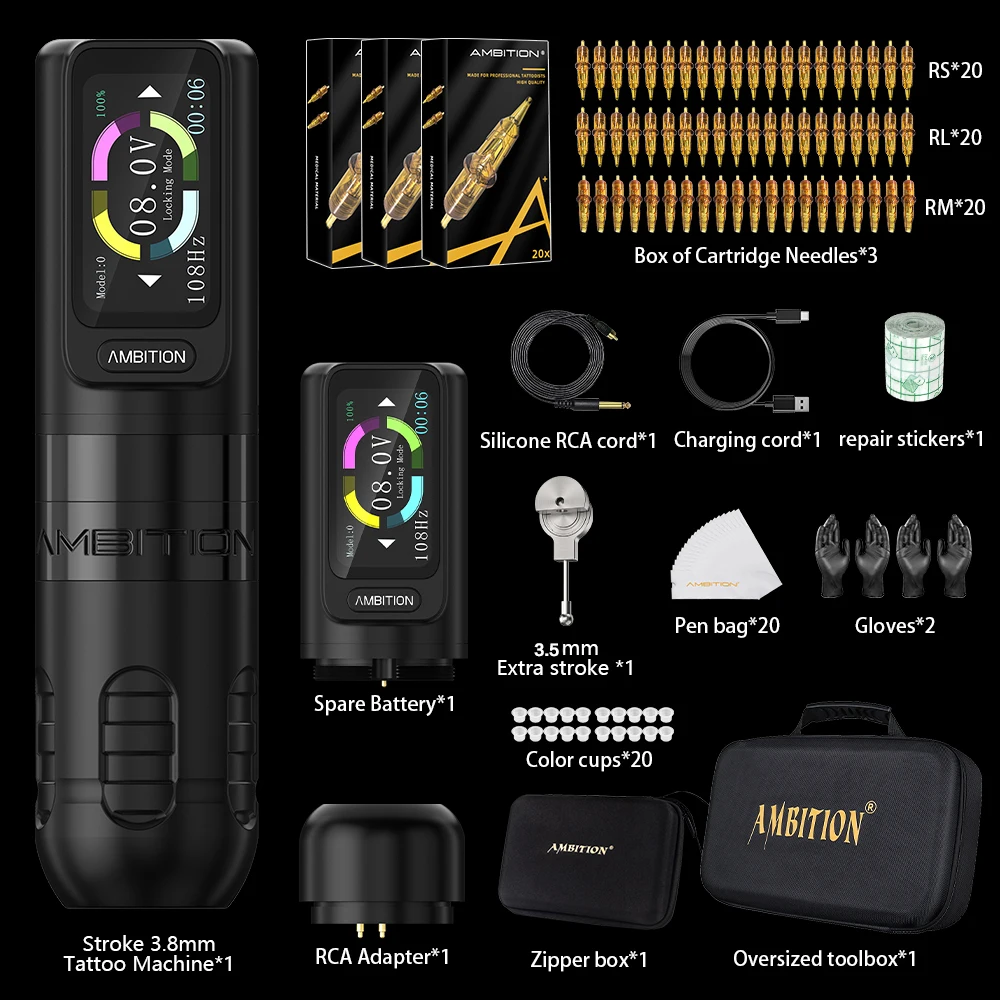 Ambitie Zetton Kit Rechte staaf Draadloze tattoo-machine Pen 4,0 mm 3,5 mm slag Borstelloze motor 2400 mAh Touchscreenbatterij