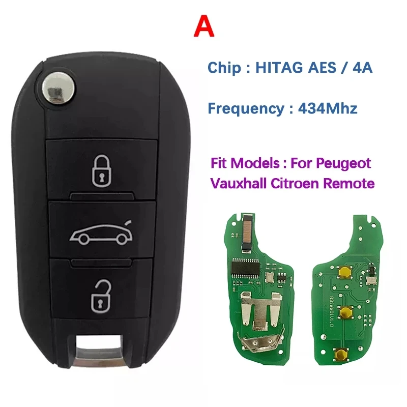 CN009052 For Peugeot flip key 4A Chip 3008 Expert 2017-2019 Citroen HUF8435 433 MHz Remote 3 Button Smart Key Trunk/Light Button