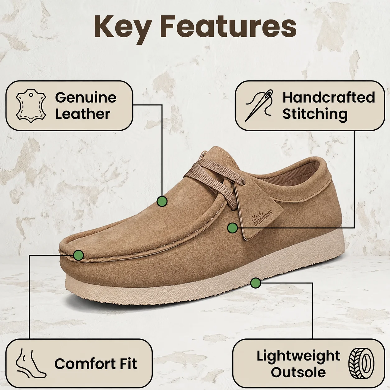 Men's Beige Suede Wallabee Shoes Smart Casual Retro Style Comfortable Office Lace-Up Loafers Versatile