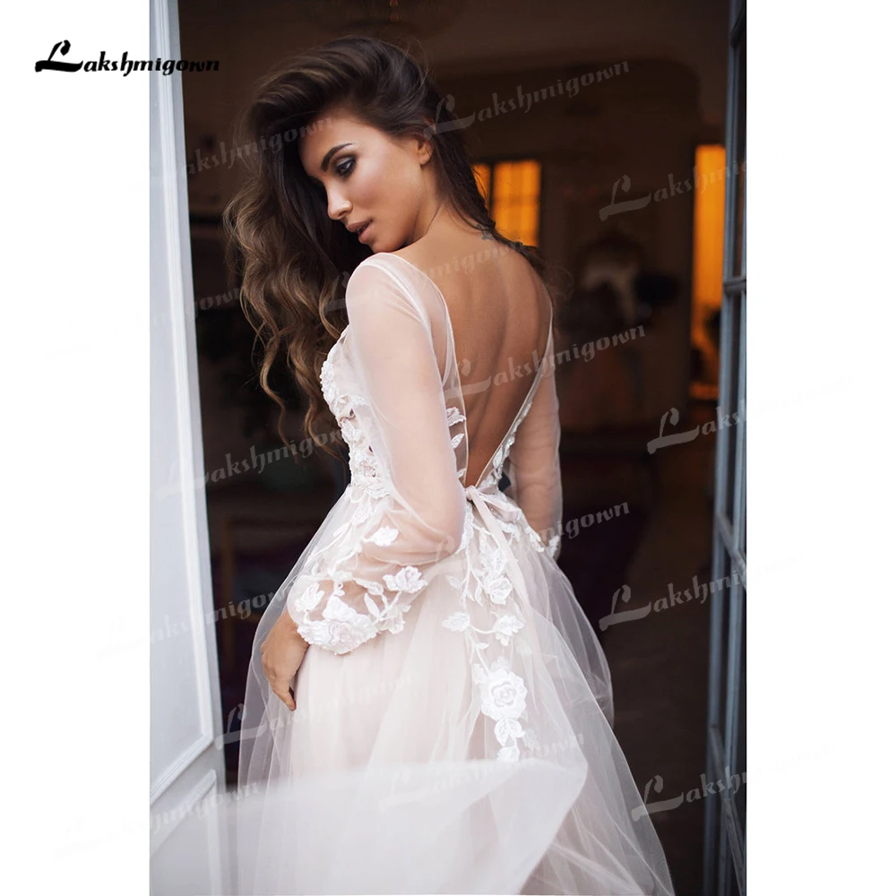 Yanshmigown-Robe de mariée Boho à col rond et manches longues bouffantes, robe de patients personnalisée, dentelle dos nu sexy, tulle, ligne A, 2025