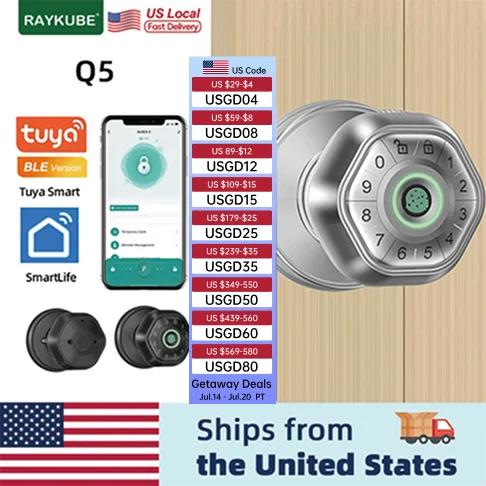 

RAYKUBE Q5 США. Бесплатная доставка, умный дверной замок Tuya BLE со сканером отпечатков пальцев, электронный замок, круглый замок с паролем/ключом/управлением через приложение Tuya