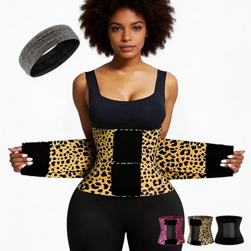 Leopard Print Women Waist Shaping Belt Triple Wrap Design Adjustable Strap Nylon Compression Belt For Daily Wear Sports Fitness Training