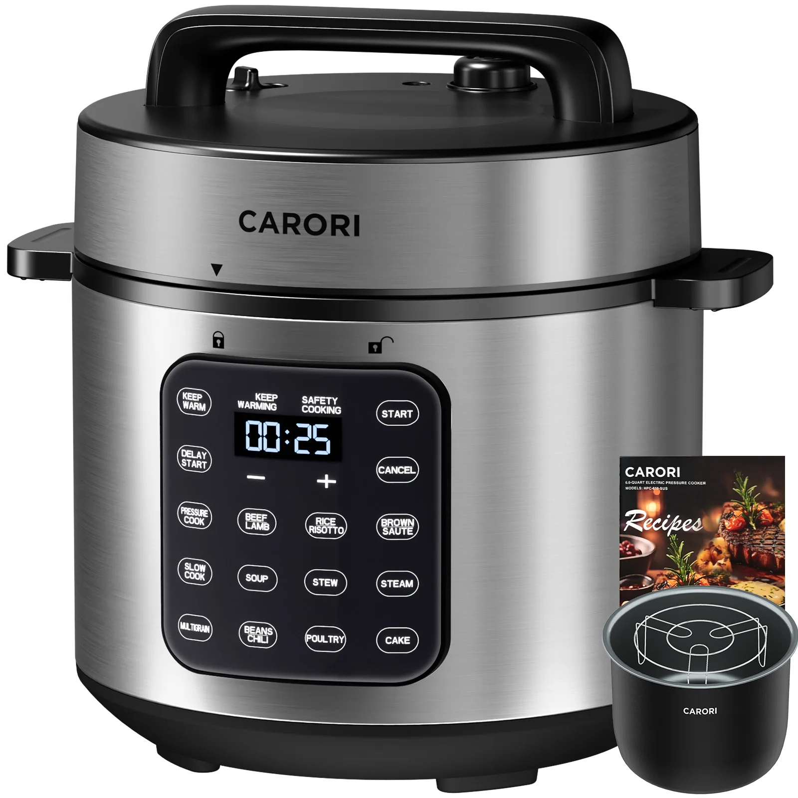 CARORI Electric Pressure Cooker 6qt, Olla de Presion 9-in-1 Multi-Functional Slow Cooker, Rice Cooker, Cake Maker, Sauté Pan.