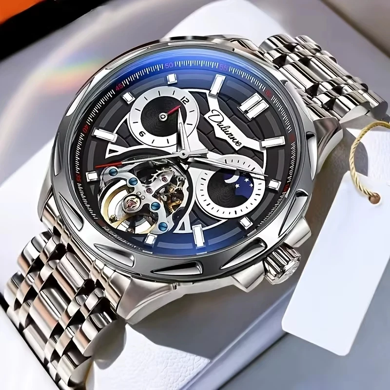 Reloj Steampunk Skeleton para hombre, relojes mecánicos automáticos de lujo, fase lunar, luminoso, resistente al agua, correa de acero inoxidable